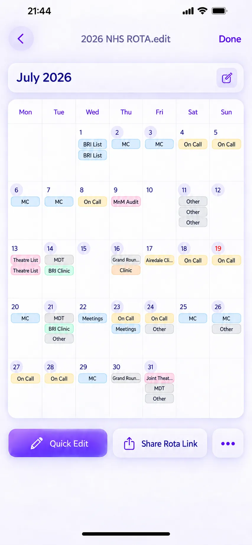 Calendário mensal de escalas do Simple Rota Maker com cores de identificação