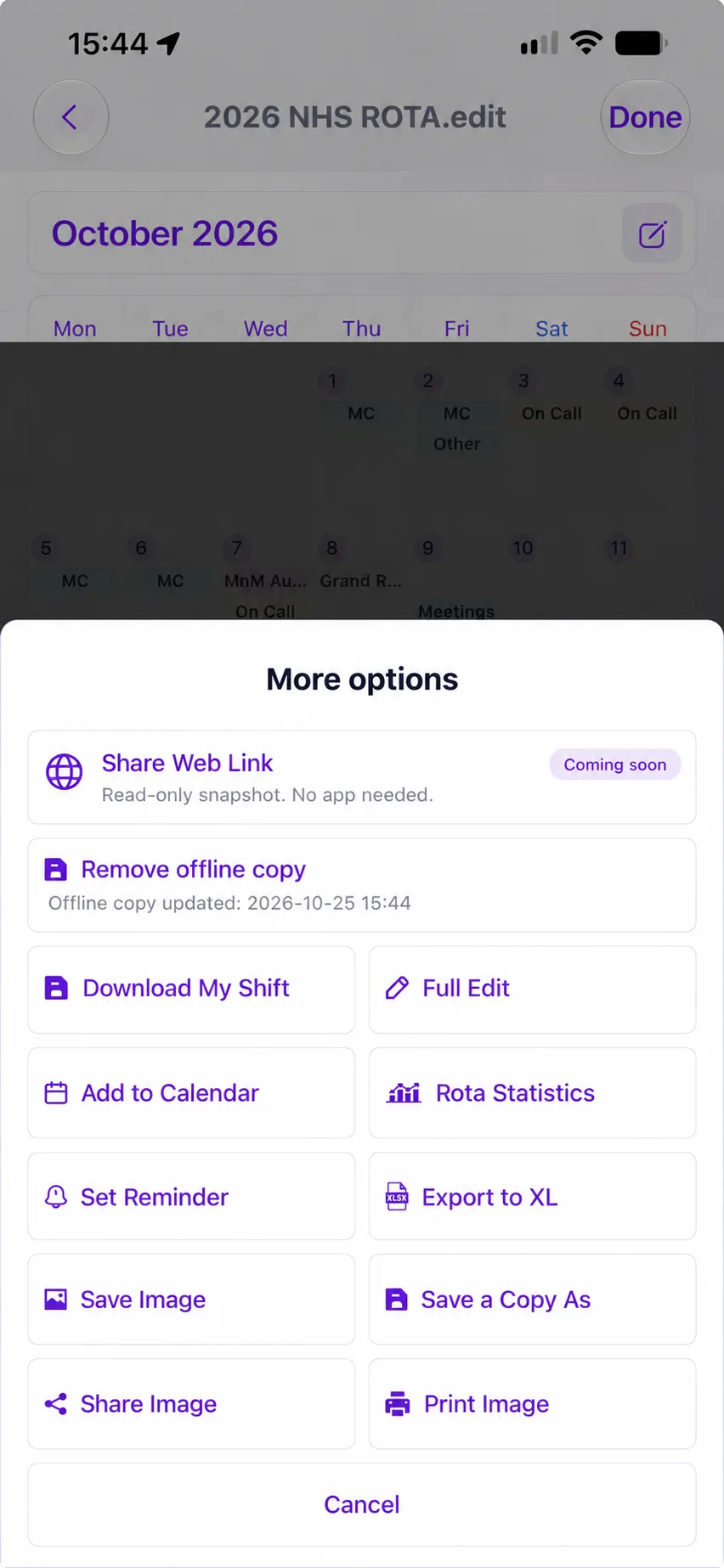 Prévia de Mais opções com a futura linha Compartilhar link da web acima das cópias offline, além das ações existentes de calendário, Excel e imagens