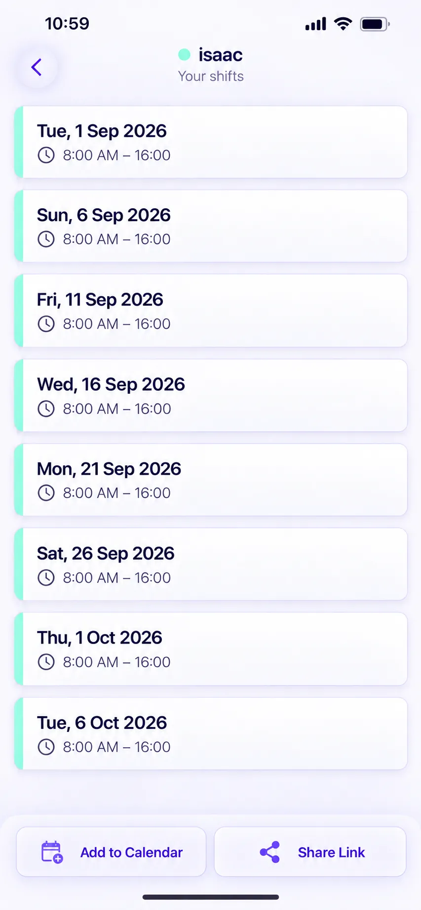 Lista de turnos de um colaborador com datas e horários de início e término, além das ações Adicionar ao calendário e Compartilhar link
